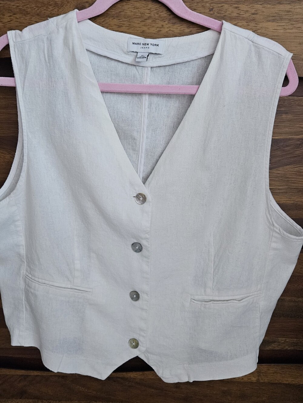 Marc New York Women's Linen Blend Vest XL White Sleeveless Mother Of Pear Button